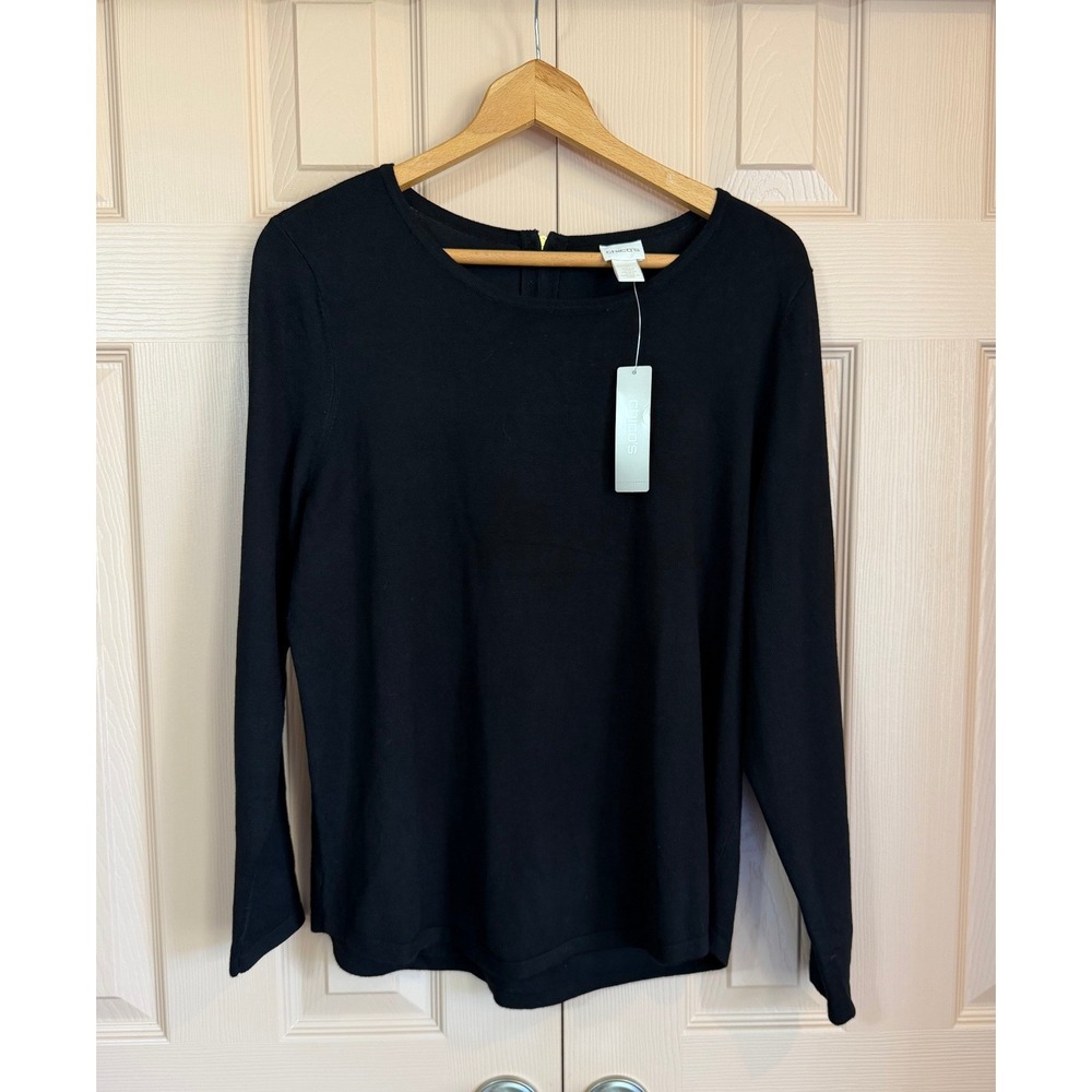Black Fine Knit Lightweight Sweater Exposed Back Gold Zipper Chicos 2 Large NWT